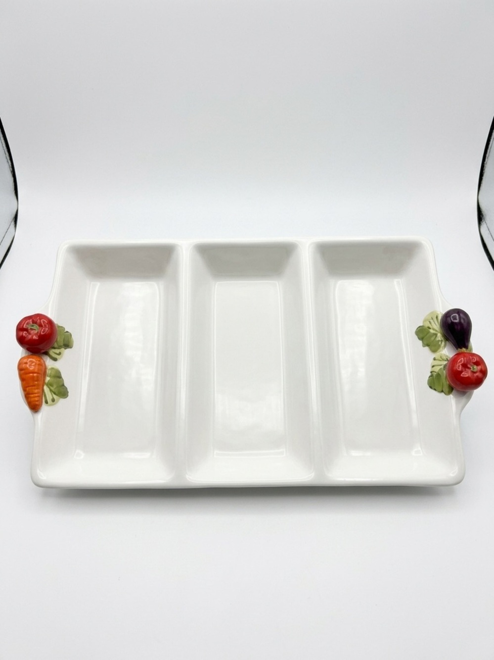 Vintage White Ceramic 3-Section Relish Tray with Vegetable Handles